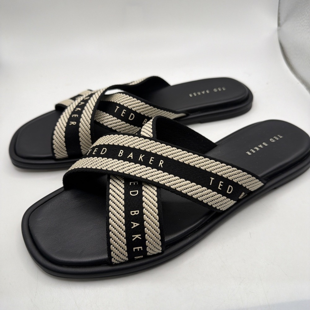 Ted Baker Women's Slide Sandals Logo Strap Black/Ivory Striped US 7.5 New